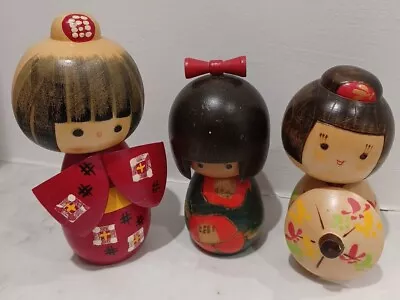 3 Japanese Kokeshi Dolls Wooden Decorative Collectable Hanagasa Flower Dance  • £29.99