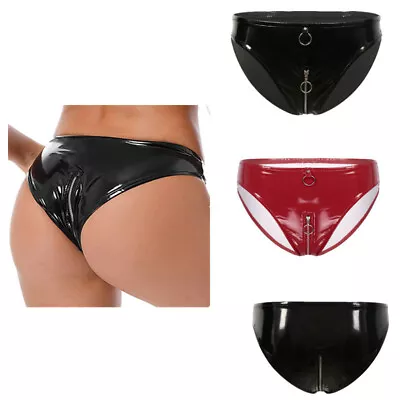 Women Shiny Latex Wet Look Booty Shorts Low-Rise Zipper Crotch Thong Hot Pants • £12.40