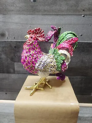 7 Inch Rhinestone Rooster Trinket Box Jeweled Hinged Enameled Multicolored • $58.56