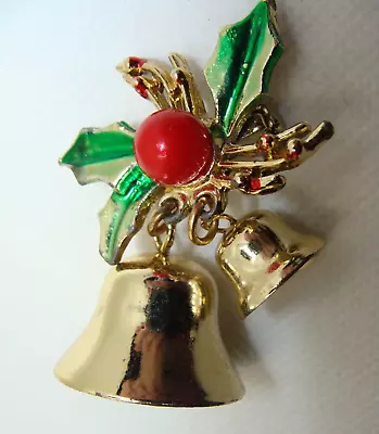 Vintage Christmas Holly Brooch Christmas Bells Holiday Jingle Pin • $7.99