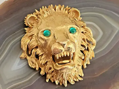 Hattie Carnegie Lion Head Unsigned Vintage Gold Plated Green Cabochon Pin Brooch • $99.95