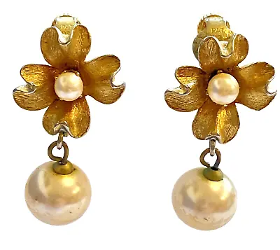 Vintage Vendome Drop Pearl Earrings French Style Gold Tone Flower 1950s • $29.75