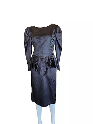 Vintage 80s Goth Peplum Dress Deep V-back Scooped Puff Sleeve Morticia Bodycon • $35