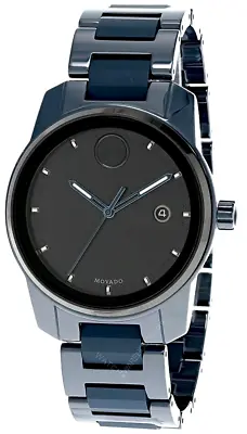 MOVADO BOLD $995 MEN'S VERSO ALL BLUE SHINY CERAMIC SWISS WATCH W/DATE 3600728 • $350.22