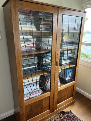 $500 • Buy ART DECO Tall Oak Bookcase With Leadlight Doors 