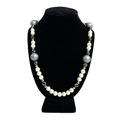 Vintage Chunky Gray Bead White Faux Pearl & Faceted Black Bead 38” Necklace • $11.04