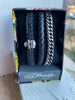 New! ED HARDY 3 Unisex Stackable Bracelet Set Skull - Black Silver + Box • $39.75