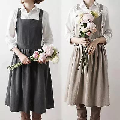 Women Cotton Linen Dress Apron Cross Back Apron Housework Florist Baking Wrap • £13.79