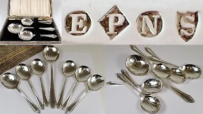 Antique Vtg EPNS Scallop Shell Soup Dessert 6 Spoons W Serving Spoon Set In Box • $22