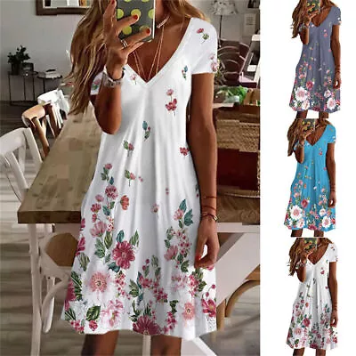 $21.84 • Buy Womens Short Sleeve Swing Mini Dress Ladies Summer Casual Beach Sundress Holiday