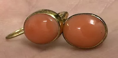 Vintage CHINESE EXPORT  Cabochon Coral STERLING SILVER GILT Dangle Earrings • $50