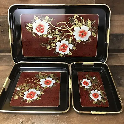 Vintage Japanese Lacquerware Tray 3 Piece Set Nested Flowers 🌺 NIP • $30.59