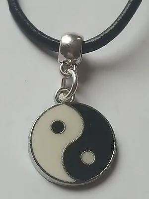 Yin Yang Enamel  Charm On Black Leather Choker  Charm Necklace. • £4.69