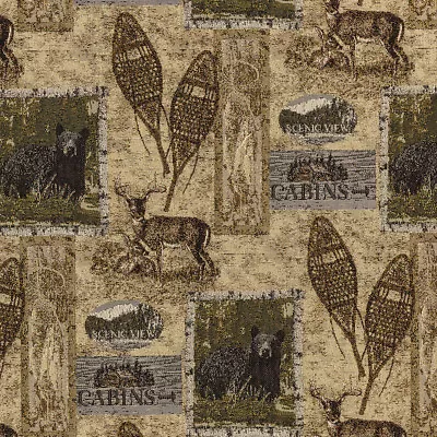 Cabin Bear Deer Snowshoes Choc Lodge Tapestry Upholstery Fabric Log Furniture • $34.95