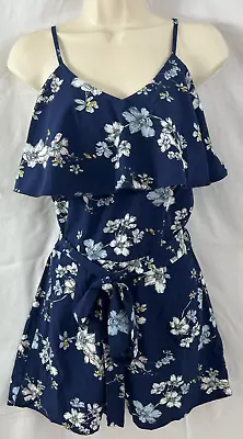 Playsuit Rompa Size XS Navy Blue & White Floral Tie Waist Chest Overhang Zip Up • £8.50