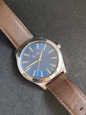 Mens Armani Exchange Designer Watch Blue Dial Steel Leather Strap Quartz AX2324 • £30