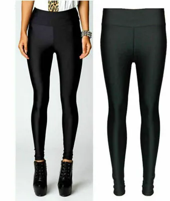 Ladies Girls Shiny Disco Leggings High Waist Black Dance Trouser Clubwear Pants • £9.95