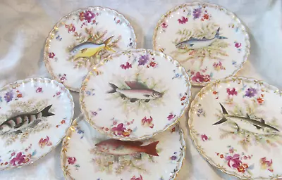 Set Of 6~Antique FISH PLATES Hand Painted 8.5 ~Marx & Gutherz Bavaria 1876-1889 • $149.99