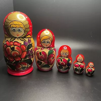 VTG Russian Nesting Matryoshka Babushka Hand Painted Wooden Dolls 5 Piece Set • $24.89