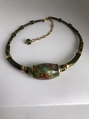 Vintage Japan Choker Necklace Green Gold Painted Floral Flower 13-16.5” Beaded.M • $17.50