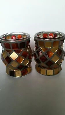 Set Of 2 Votive Candle Holders Red Gold Iridescent Mosaic Glass Tile 3.25  H • $16.97