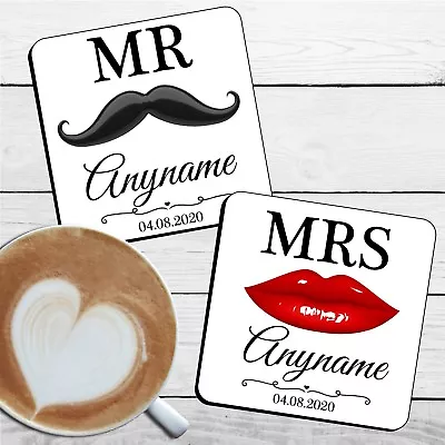 Personalised Coasters Set Mr & Mrs Wedding Gift N34 Any Name Date • £4.95