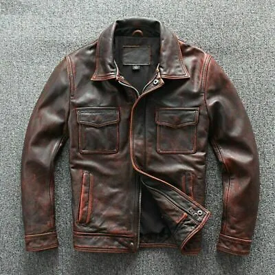 Men’s Motorcycle Biker Vintage Cafe Racer Distressed Brown Real Leather Jacket • $41.55