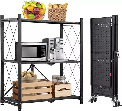 3 Tier Foldable Storage Shelves With Wheels Kitchen Microwave Carts On Wheels • $53.27