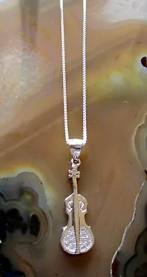 925 Sterling Silver Violin Paved In CZ's Comes On 925 Sterling Silver Box Chain • $22.50