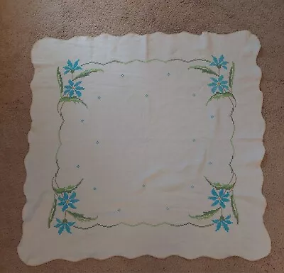 Vintage Linen Floral Hand Embroidered Cross Stitch  Tablecloth  37x37 • $24.99