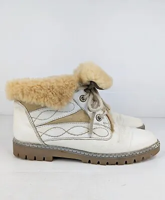 Size 39 Vintage 80s Ladies White Winter Riding Hiking Laceup Leather Ankle Boots • $40