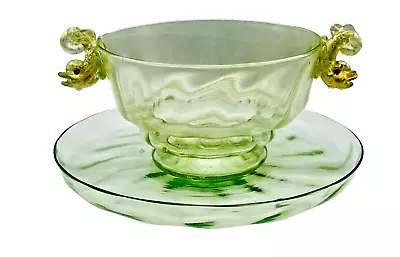 Set 4 Antique Salviati Green Uranium Venetian Glass Dolphin Bowls & Saucers • $395