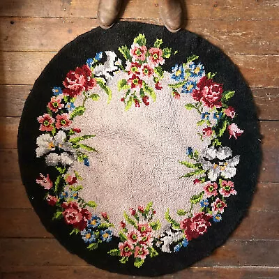 Vintage French Pure Wool Handmade Latch Hook Floral Rug 1940s • $227.39