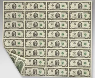 $2 Dollar Bills Uncut Sheet Of 32 Notes - BRAND NEW - Fort Worth Texas • $175