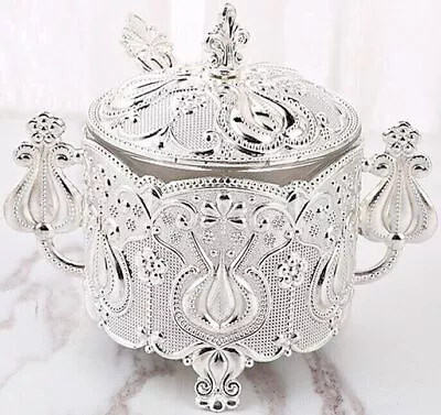 Sugar Pot Metal Silver Accent Glass Bowl Spoon Luxury Design And Deluxe Gift Box • $28.99