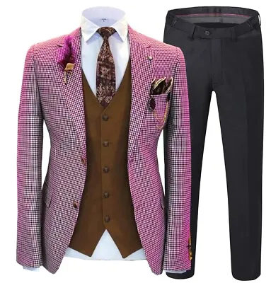 Men Purple Houndstooth Groom Wedding Tuxedo Luxury Leisure Prom Suit Custom • $90.99