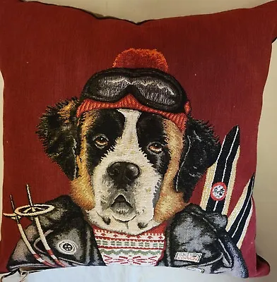 Hines Of Oxford St Bernard Dog Skier On Red Tapestry 18  Toss Pillow Decorative • $74.99