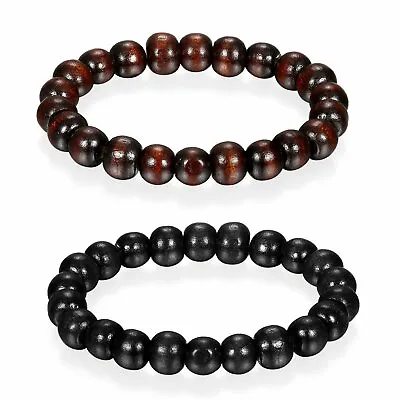 10mm Black Brown Wooden Beaded Mala Bracelet Elastic Bangle For Men And Women • $7.99