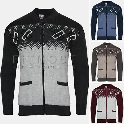 Mens Knitted Cardigan Zip Front Classic Aztec Style Two Tone Front Pocket Top  • £15.95