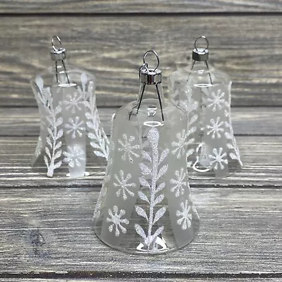 Vtg Christmas Ornament Clear Plastic 3” Bells White Glitter Snowflakes Lot Of 3 • $12.50