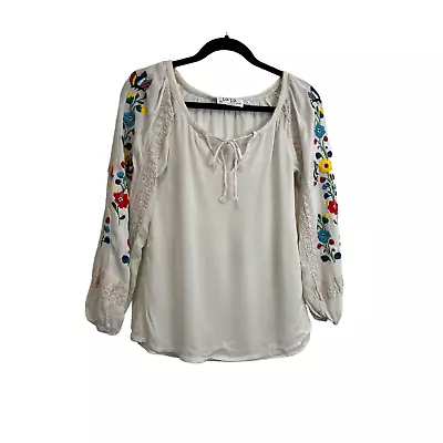 VaVa By Joy Han Off White Floral Embroidered Peasant Top Blouse Womens Size XS • $12.59