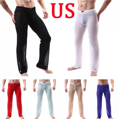 US Men Mesh See-Through Long Pants Solid Color Pajama Bottoms Trousers Nightwear • $6.50