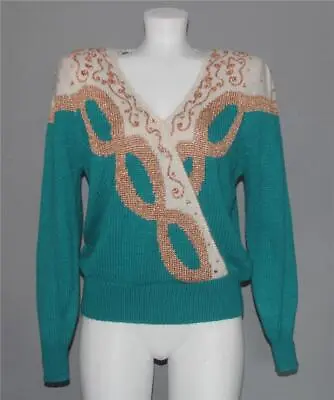 VTG Dana Scott Gold Beads Metallic Threading Green White V-Neck Sweater Wm L NWT • $29.99