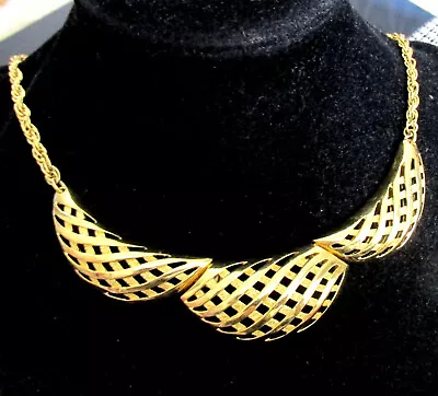 Vtg Gold Plated Trifari Modernist Lattice Openwork Collar Necklace 15.5  Exc • $54.99