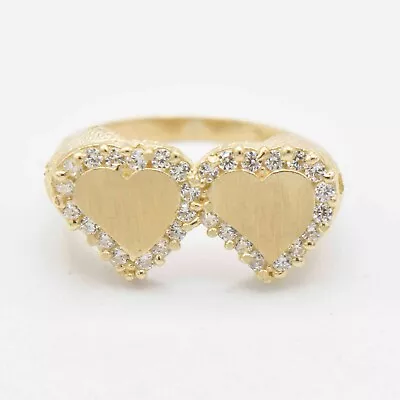 Satin Finish CZ Double Heart With Textured Sides Ring Real Solid 10K Yellow Gold • $173.79