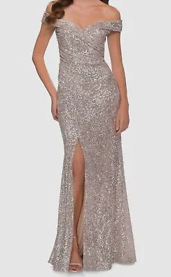 $398 La Femme Women's Beige Off The Shoulder Sequin Gown Dress Size 10 • $111.58