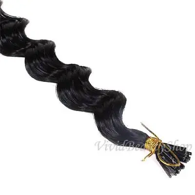 25 Deep Wave Curly I Stick Tip Micro Link Remy Human Hair Extension Jet Black #1 • $40.99