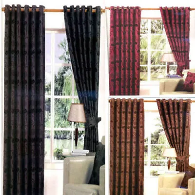 New Luxury Damask Flock Eyelet Curtains With Ring Top Fully Lined Free Tiebacks • £17.99