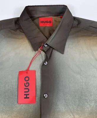 NWT Hugo Boss Men's Ermo Brown Green Ombre Slim Fit Long Sleeve Shirt Sz XL • $50.99