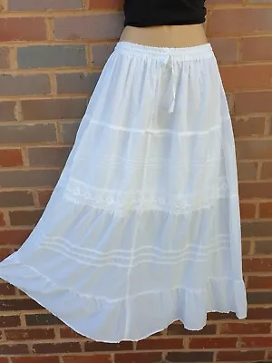 Cotton Boho Maxi Skirt Lace Summer Lined Hippie WHITE One Size 8 10 12 14 16 18 • £14.99